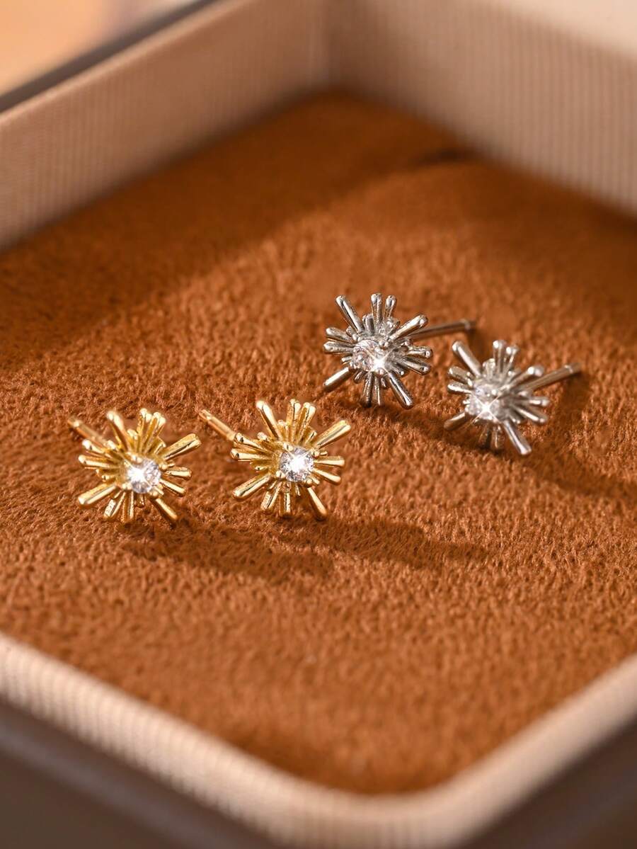 1 Cặp bông tai đinh tán hình hoa Cubic Zirconia bằng bạc Sterling S925, Thiết kế tối giản và thanh lịch, Quà tặng chất lượng cao cho phụ nữ, Sinh nhật/Lễ hội - Hoa hướng dương - Xem 1