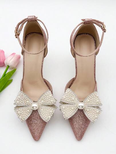2pcs New Elegant White Bow Rhinestone Pearl Detachable Shoe Clips - Ideal For Wedding, Bridal Party, And High Heels