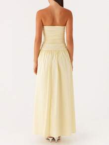 Women Strapless Drop Waist Maxi Dress Y2k Long Floral Tube Dress Flowy A Line Off Shoulder Cocktail Dresses Backless Pleated Going Out Long Dress - 黃色 - 查看 5