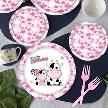 50pcs Pink Cow Themed Disposable Tableware Set, Includes 7in & 9in Paper Plates, Napkins, Cups, Thickened Disposable Tableware Set Suitable For Birthday Party, Theme Party, Outdoor Gathering, Family Gathering, Daily Use