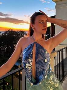 Women's Stylish Halter - Neck Backless Sequin Mini Dress For Special Occasions - Blue - View 3