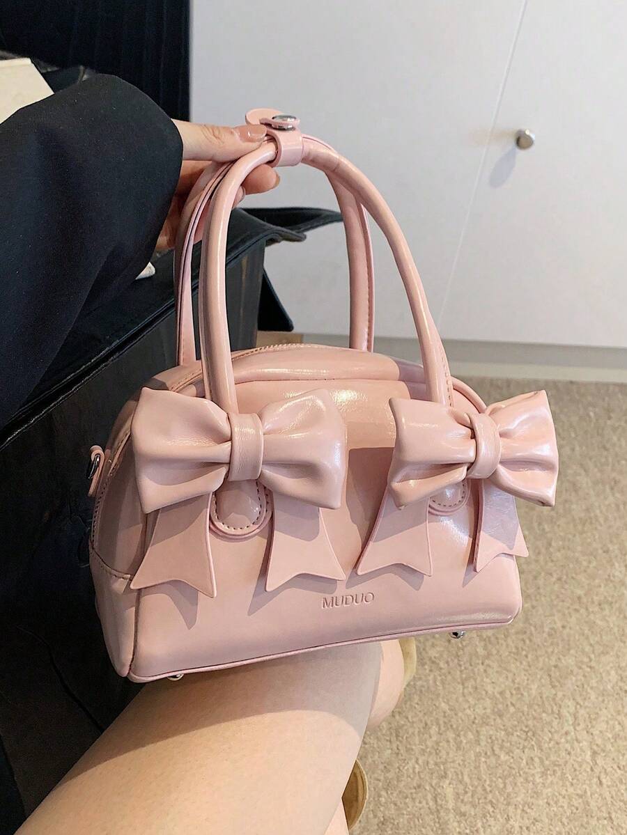 Fashionable Pink PU Leather Bowknot Decor Retro Mini Handheld Cylinder Bag - Pink - View 1
