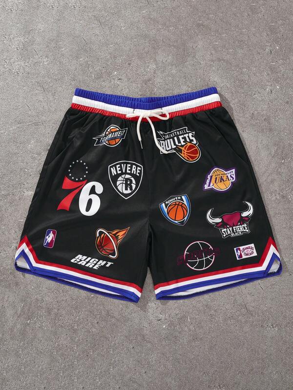Men's Fashionable Sporty Number & Letter Contrast Color Shorts, Suitable For Basketball And Other Ball Sports