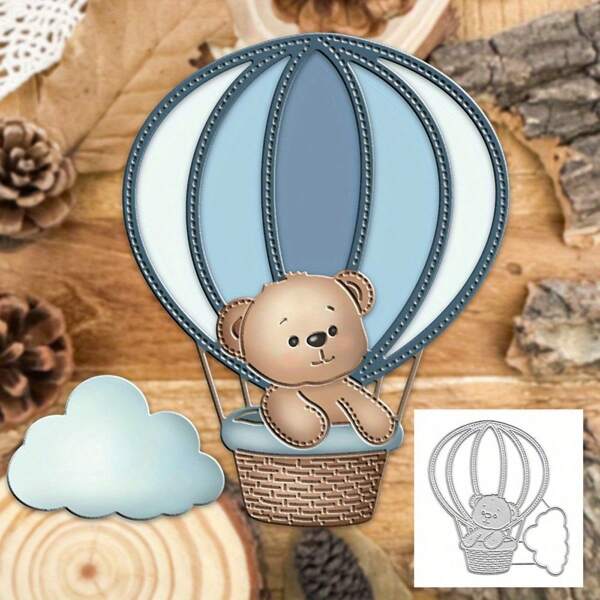 1 pieza Juego de troqueles de metal con diseños de tema fantástico - plateado, con adorables osos en globo aerostático y diseños de nubes para manualidades de scrapbooking, tarjetas y artesanía DIY