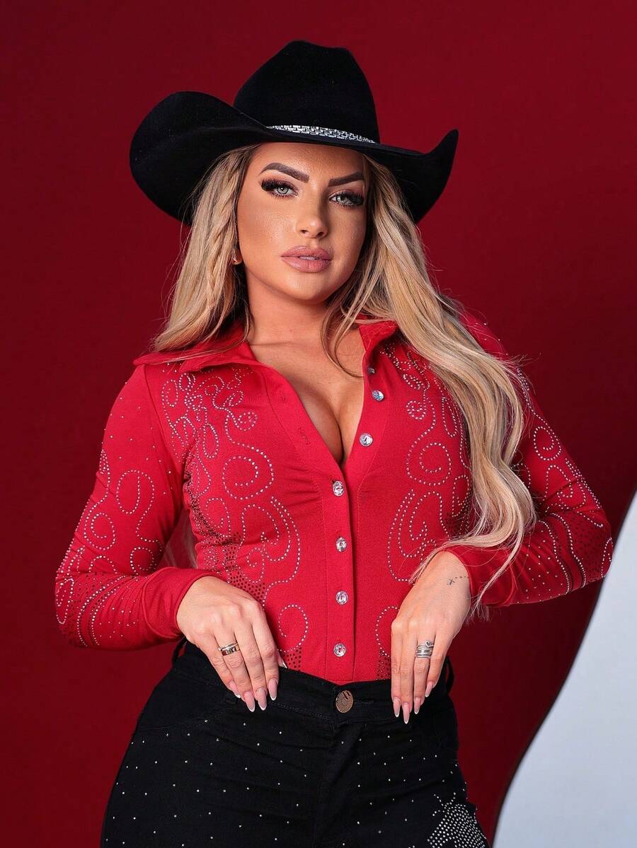 Body Brilho Country Manga Longa strass Pedraria com Botão Funcional Boiadeira Rodeio