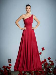 Faeriesty 女士优雅单肩正式晚礼服，收腰设计，裙摆飘逸——优雅的春夏长款礼服，适合红毯、婚礼、盛大晚宴、高档派对、夏季度假等场合。