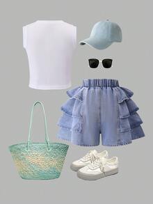 2pcs/Set Tween Girls Casual Bow & Floral Print Layered Ruffle Edge Denim Shorts