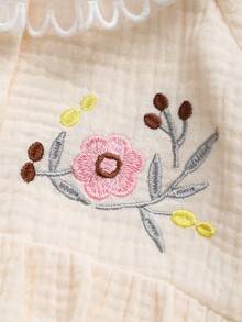 夏季女婴可爱连体衣，带刺绣花卉图案，方便按扣闭合，休闲自然风格 - 杏色 - 查看 4
