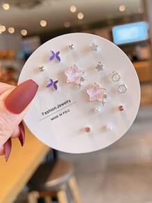 14pcs/Set Cute Faux Pearl, Glass, Rhinestone Butterfly, Pentagon, Star Shaped Earring Set, Suitable For Women, Daily Wear And Gift
