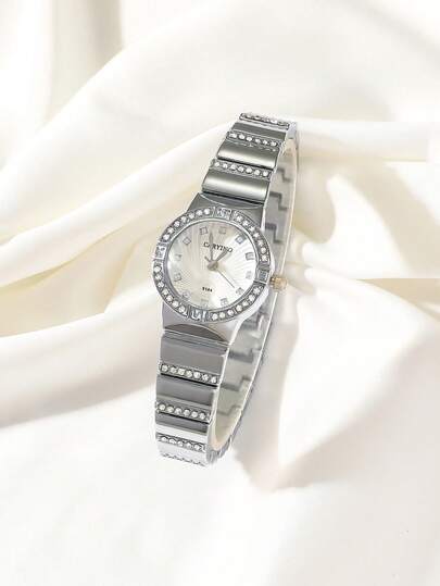  CARYINO 1 buc Ceas de damă cu curea din oțel inoxidabil clasic de afaceri versatil cu cuarț cu decor de cristal, potrivit pentru viața de zi cu zi