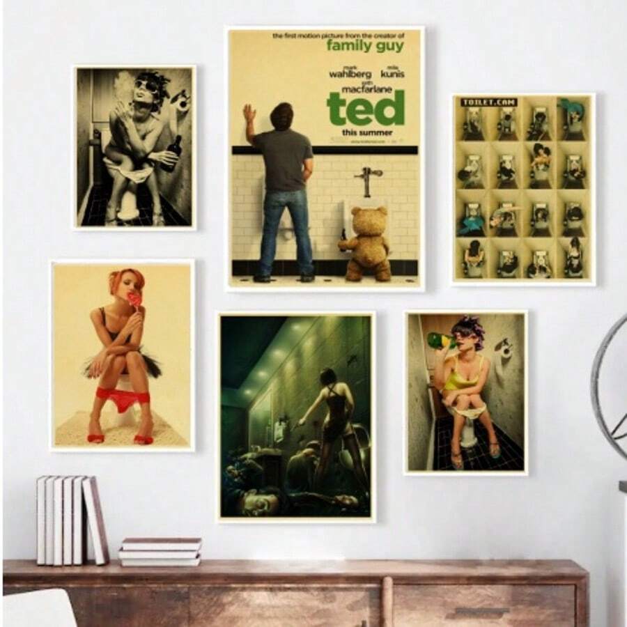 1/3PCS Optional Frame Posters Wall Arts Vintage Poster Bathroom Toilet Wall Decorative Posters Art ,Wall Art With Frame - Multicolor - View 1
