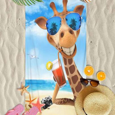 1pc Super Soft & Funny Giraffe Pattern Printed Ultra-Fine Fiber Beach Towel, Home Decor, Suitable For Beach, Pool, Camping And Travel, Extremely Comfortable