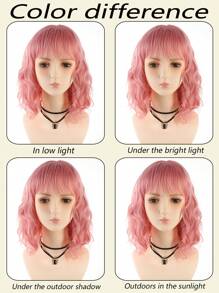 Women'S Pink Bob Wig With Bangs, Elegant Curly Wave, 150% Density, Rose Net Cap, Tanglon Silk, All Ethnicities, No Lace, Full Headpiece, Beauty & Personal Care, Hair Extensions & Accessories Daily Parties, Halloween And Role-Playing