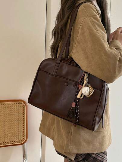 韩版新款枕头手提包，复古单肩包，大容量手提包，适合办公室/通勤，不含吊坠（吊坠仅用于造型目的）