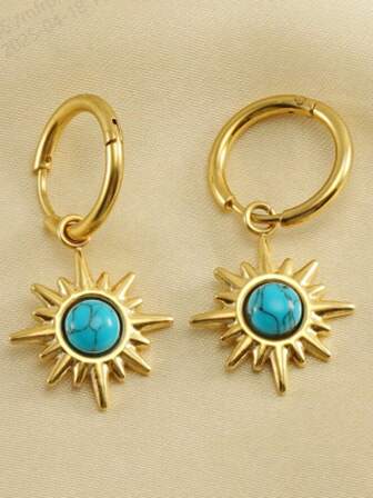 1 对复古绿松石耳环，极简主义波西米亚风格设计耳环