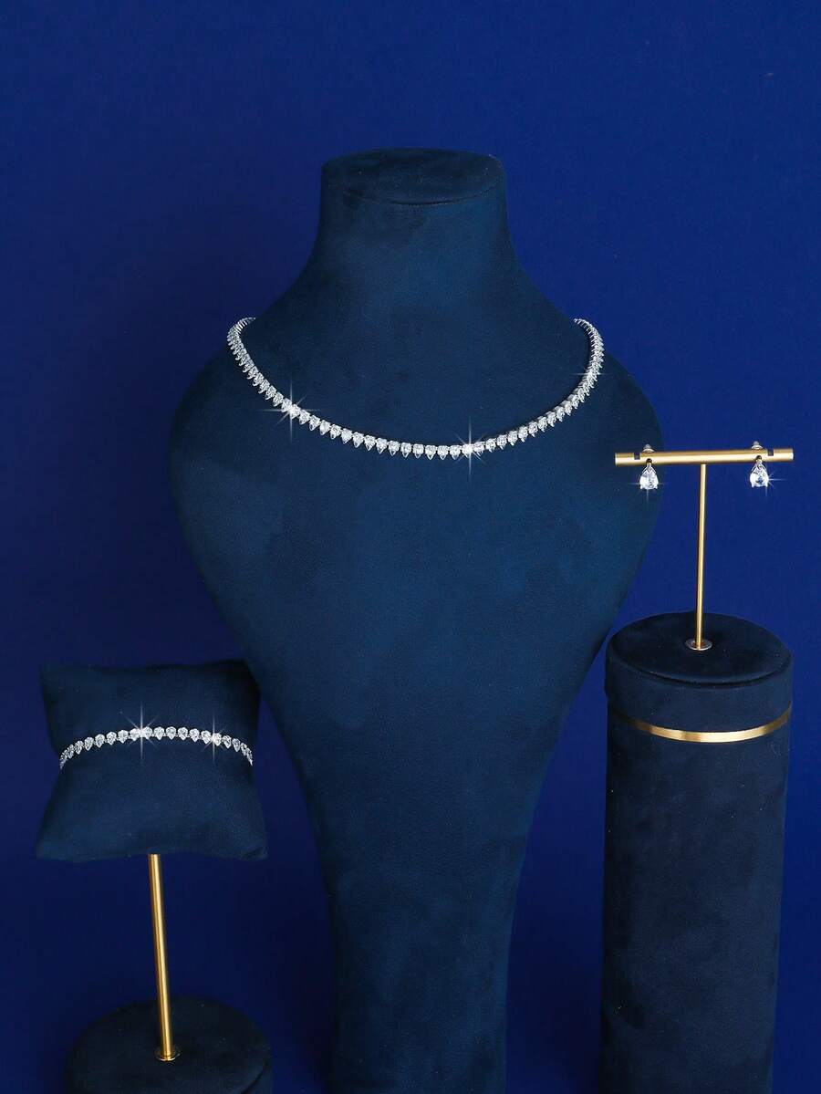 3 件套锆石镶嵌水滴项链、手链和耳环套装 - 銀色 - 查看 1