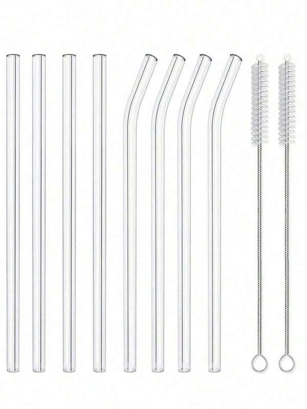 8Pcs Clear Glass Straws With 2 Cleaning Brushes, 8mm Reusable Straws, 4 Straight And 4 Curved Straws,Summer,Summer Sets,School Supplies