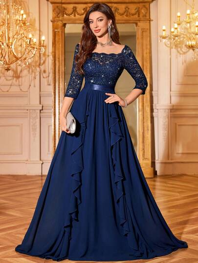 MIUSOL 亮片花卉蕾丝船领 3/4 袖雪纺荷叶边褶皱正式派对长裙、礼服，适合晚装、婚礼宾客