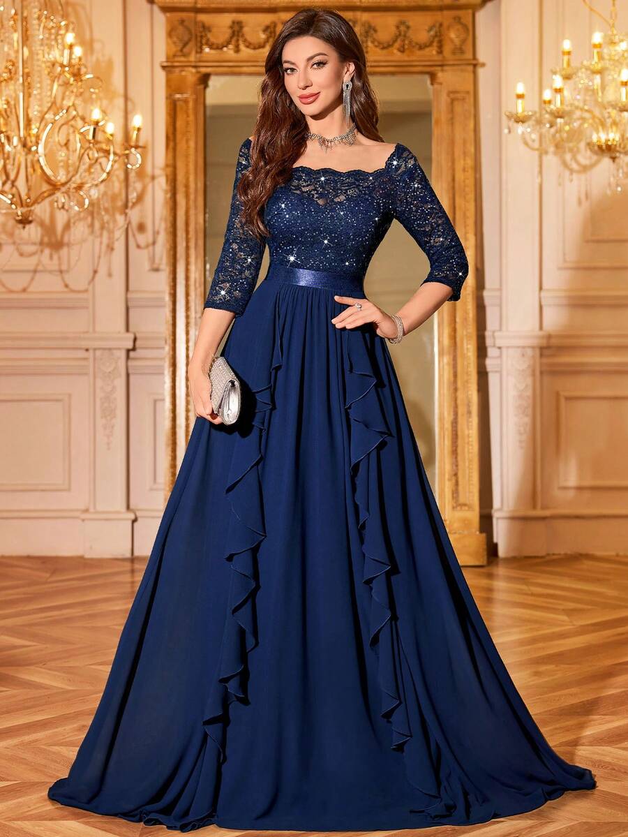 MIUSOL Đầm maxi dự tiệc trang trọng, đầm dạ hội, đầm dự tiệc, đầm cưới, đầm dự lễ tình nhân, đầm mùa xuân, phối ren hoa đính sequin, cổ vuông, tay lỡ 3/4, chất liệu chiffon, xếp ly bồng bềnh, viền bèo nhún.