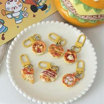 6pcs/Set Cartoon Food Toy Animal Pizza Bread Key Chain Cute Funny Bag Pendant Couples/Best Friends Gift Accessories