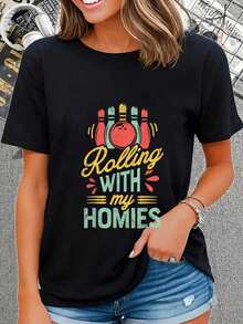 100% Cotton Rolling With My Homies T Shirt Bowling Bowlers Funny Gift T-Shirt Casual Short Sleeve Shirt - màu đen - Xem 1