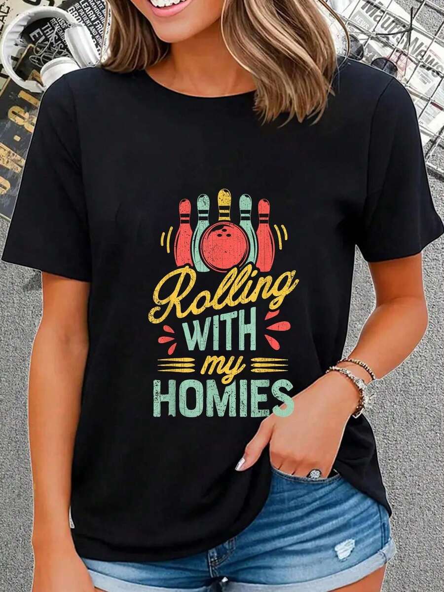 100% Cotton Rolling With My Homies T Shirt Bowling Bowlers Funny Gift T-Shirt Casual Short Sleeve Shirt - màu đen - Xem 1