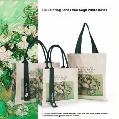 Canvas Tote Bag With White Rose Tie-Dye Design, Large Capacity, Perfect For Everyday Use.
