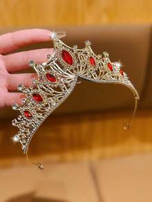 1pc Golden Large Crown Headband, Fashionable And Elegant Tiara For Everyday Wear And Performance - Red - View 4