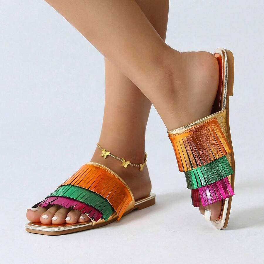 Sandals For Women Fresh Square Toe Color Block Design Summer Fashion - 橘色 - 查看 1