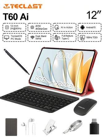 Teclast Teclast T60 AI Tablet (Allwinner A733 8-Core 1.8GHz/16(6G+10G)GB RAM/128GB ROM/11.97inch 1200*2000iPS TDDI/WIFI6/8000mAh/Type-C/13MP+5MP Camera/Android 15) Limited Time Offer Free Ramdom Leather Case