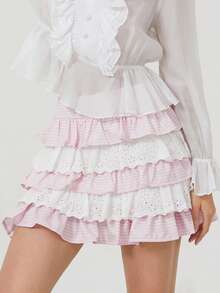 Women's Plaid Print Mini Skirts High Waist Lace Patchwork A-Line Skirts Layered Ruffle Skirts - Hồng - Xem 9