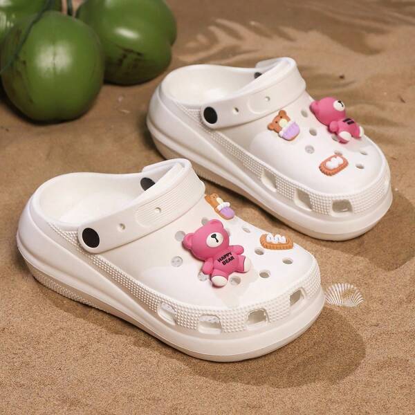 Women Cute Cartoon Bear Solid Color Lightweight EVA Summer Slippers, Comfortable Hollow Sandals, Non-Slip Indoor/Outdoor Beach Shoes