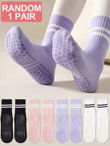 4 双女士透气黑色、白色、粉色、紫色硅胶防滑条纹瑜伽、健身、运动中筒袜，时尚秋冬款 - 彩色 - 查看 13