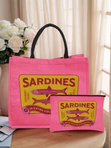 Geantă de mână și genți cosmetice multifuncționale cu imprimeu retro cu sardine, portofel pentru monede din in roșu-roșu, geantă de cumpărături, geantă de plajă, geantă de machiaj, portofel pentru monede, geantă de frumusețe, depozitare cosmetice în căminul universitar, potrivită pentru călătorii, plaje și întoarcerea la școală, cadou de ziua de naștere, cadou de Ziua Mamei (direcția frânghiei este aleatorie)