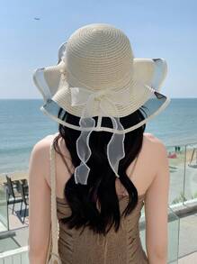 1 pieza Sombrero de verano de mujer estilo bohemio con bordes ondulados, detalle de lazo, ala ancha, sombrero de paja plegable de moda para protección solar al aire libre o diaria, regalo del Día de San Valentín