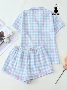 2pcs/Set Plus Size Women's Blue & White Plaid Bow Print Short Sleeve Collared Top With Pocket And Bow Shorts Pajamas Loungewear Set, Spring/Summer, Outfits