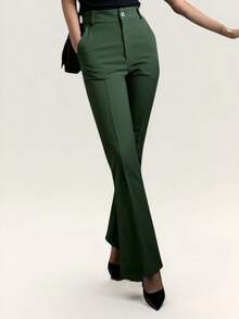 Women's Tailored Flare Pants With Fake Pockets At The Back - Army Green - View 1