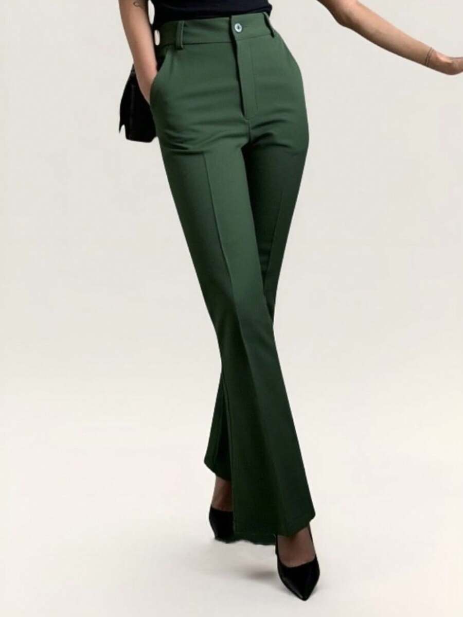 Women's Tailored Flare Pants With Fake Pockets At The Back - Army Green - View 1