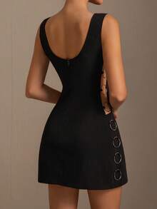 1pc Sexy Hollow-Out Sleeveless Bodycon Dress, Stylish Design - Black - View 2