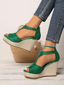 Women's Fashion Back Zip Up Peep-Toe High Heel Sandals, Summer New Plus Size Open Toe Platform Wedge Roman Sandals - Green - View 2