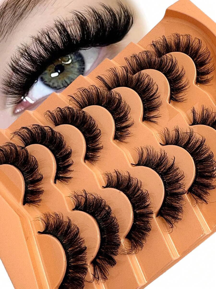 7 Pairs Of Faux Mink Fluffy Russian Volume DD Curl False Eyelashes, Dramatic Mink Lashes For Long Lasting Cat Eye & Corner Lift, Suitable For Beginners, Reusable Strip Lashes,Lashes,Eyelashes,Fake Lashes - 俄羅斯條狀假睫毛 - 查看 1