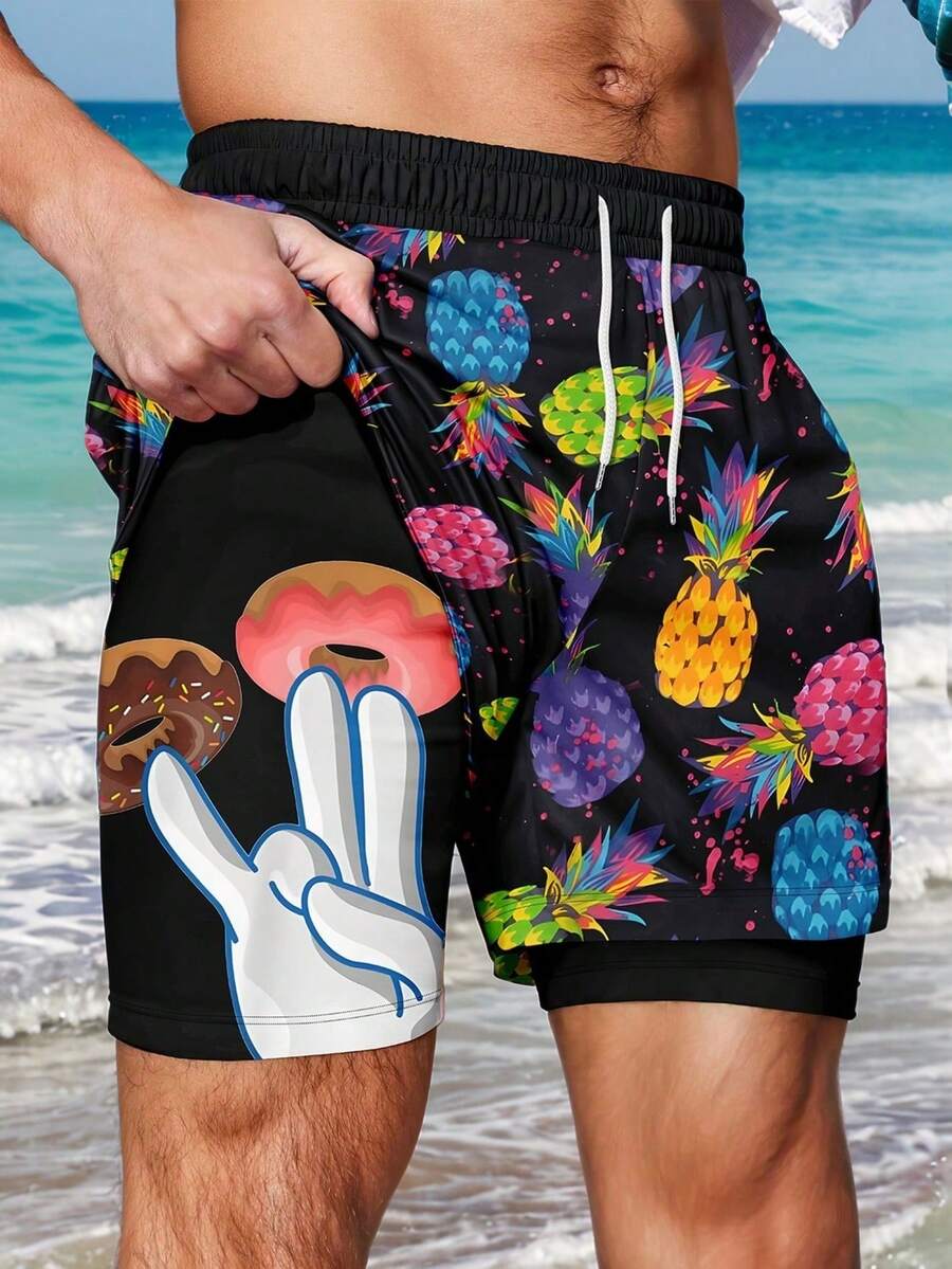 Men's Fashionable Soft Double Layer Beach Shorts, Suitable For Summer - Multicolor - View 1