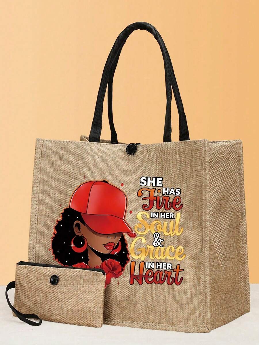 2件/套简约向日葵印花亚麻手提包，简约旅行包，化妆钱包，大容量旅行化妆包，多功能便携手提包，感谢老师亚麻包，女士礼物，便携休闲收纳包，多功能购物袋