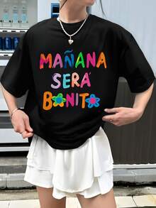 Letras  Casual  Poliéster      T shirt  Deportivo  Oficina  Casa - Negro - Ver 1