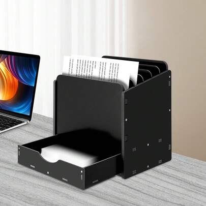 RibasuBB Durable Vertical Desktop File Holder With 5 Shelves & Drawer, Adjustable Dividers, High Load Capacity, Space-Saving Organizer For Office & Home