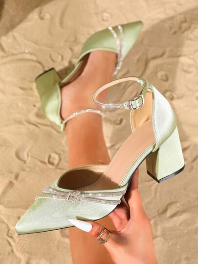 Fall/Winter 2025 Plus Size Women Fashion Pointed Toe Thick Heel High Heels Pumps, Sexy Casual Party Office Work Street Wear Slingback Closed Toe Slingback Sandals With Rhinestones, Spring Summer,Elegant