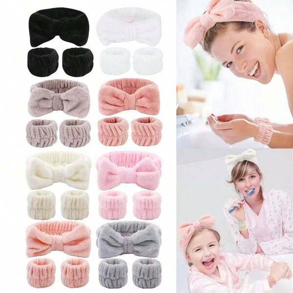 3pcs/Set Spa Headband, Wristband, Wash Face Sleeve, Towel Wristband, Headband Suitable For Women/Girls Makeup To Prevent Liquid Splashing On Arms, Wash, Beauty Hair Band Set