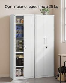 SONGMICS Armadio in Metallo, Armadietto Multiuso, con 5 Ripiani, Anta Doppia e Chiusura, Mobiletto per Strumenti, per Garage Ufficio Studio, Bianco Opaco