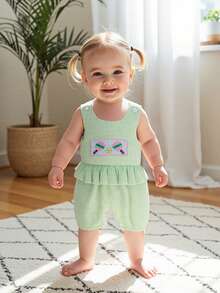 Baby Girls Striped Jumpsuit Sleeveless Crew Neck Pickleball Embroidered Tank Rompers - Green - View 7