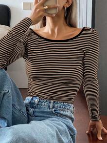 Vaiaye Women's Sexy Backless Striped Knit Long Sleeve Top, Backless Round Neck Casual T-Shirt, Suitable For Work Commute In Spring And Summer - Brown - View 10